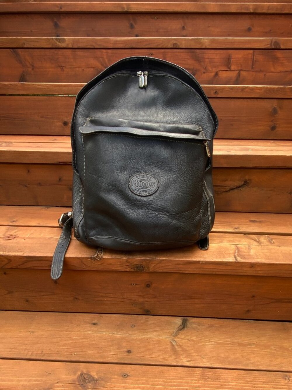 Roots Cervino Tribe Genuine Leather Student Large Black Backpack Bag